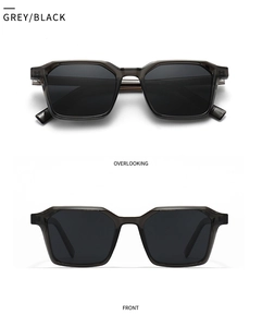 Front and top view of modern grey translucent irregular sunglasses with black lenses