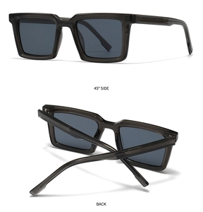 Detailed side and back views of polarized square sunglasses in transparent grey frames