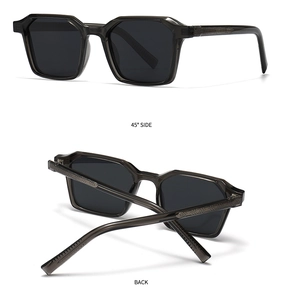 Detail of dark gray square sunglasses with geometric patterns on the side temples