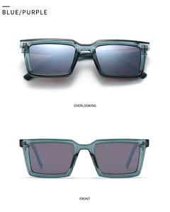 Close-up of square polarized sunglasses featuring translucent blue frames and purple lenses