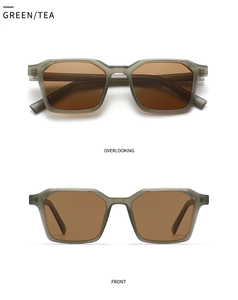 Front and top view of matte translucent green square polarized sunglasses with tea lenses