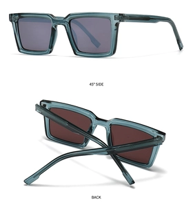 Detail view of square polarized sunglasses with dark green frames and 45-degree back angles