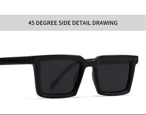 Detailed 45-degree side view of thick-framed black square polarized sunglasses