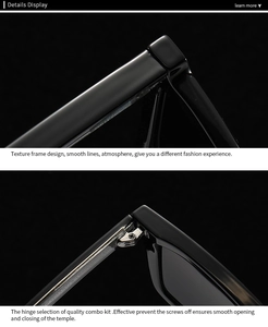 Detail of square polarized sunglasses frame with metal hinge and sleek temple design