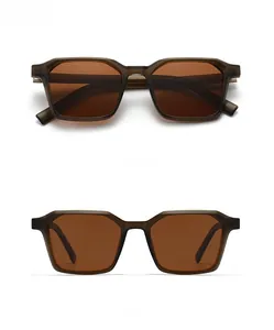 Front and overlooking views of retro brown polarized sunglasses with translucent frames
