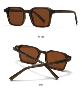 Detail view showing brown translucent matte frame and arrow texture on temple of sunglasses
