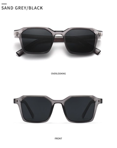 Front and top view of sand grey geometric polarized sunglasses with black lenses