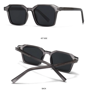 Detail showing 45-degree side and back view of retro square translucent grey sunglasses