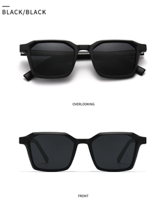 Front and top view of modern matte black square polarized sunglasses for men