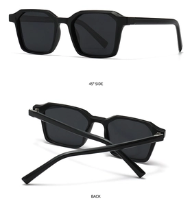 Detailed 45-degree and back view of retro black geometric polarized sunglasses