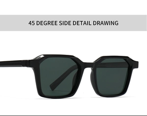 45-degree side view of classic black geometric square polarized sunglasses with hinges