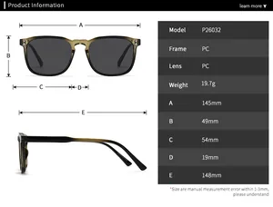 Detailed size chart for polarized round sunglasses showing dimensions and PC frame specs