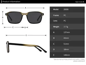 Detailed size chart for square polarized sunglasses with PC frame measurements