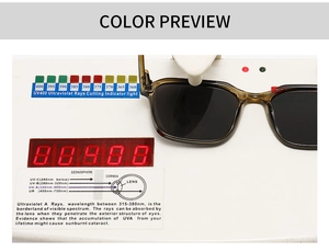 UV400 testing of polarized square sunglasses with brown frames and dark gray lenses