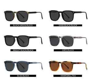 Detailed grid showing six color variants of retro polarized square sunglasses for men and women