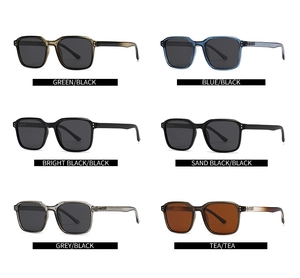 Detailed grid view of assorted polarized square sunglasses with classic metal rivets