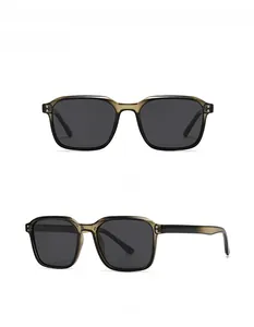 Detailed front and side view of square polarized sunglasses with green and black frames