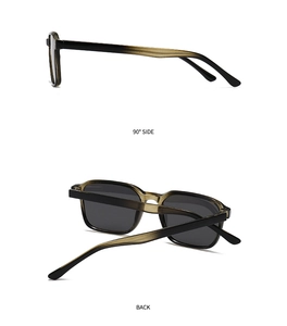 Detail view showing the gradient amber frame and wide temple of polarized sunglasses