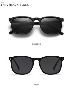 Front and top views of sand black polarized sunglasses with classic rivet details