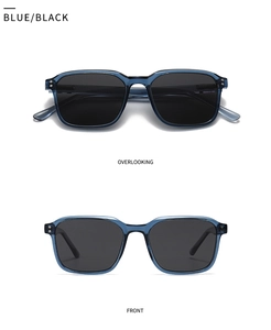 Detail view of blue translucent square sunglasses with silver rivets and dark polarized lenses