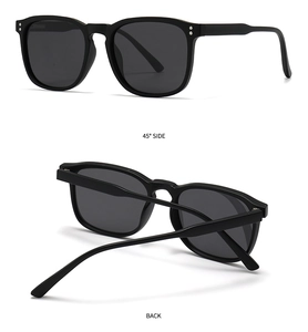 Detailed 45-degree side and back view of classic black polarized round sunglasses
