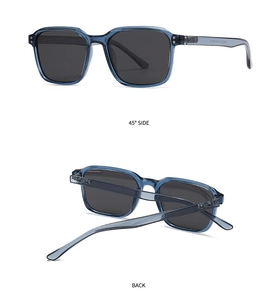 Detailed view showing the 45-degree side and back of translucent dark blue square sunglasses