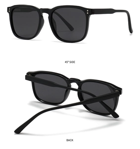 Classic black square sunglasses with side and back views showing metal dot details