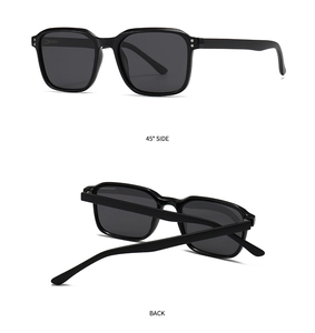 Detailed 45-degree side and back view of classic black polarized square sunglasses