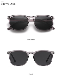 Front and top view of stylish grey-black square polarized sunglasses with dark lenses