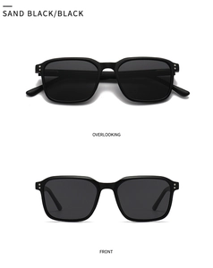 Top and front view of sand black square sunglasses with silver rivet accents