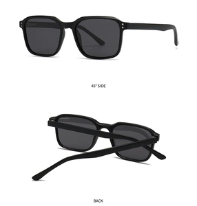 Detail view of square black polarized sunglasses showing 45-degree side and folded back view