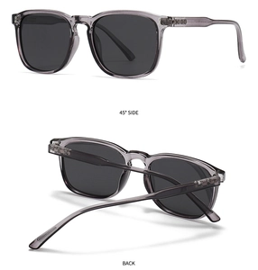 Detail view of round polarized sunglasses with translucent frames and side specifications