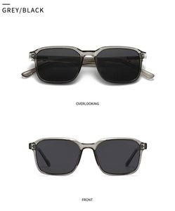 Front and top view of vintage rectangular polarized sunglasses with grey frames