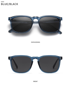 Detail view of blue translucent sunglasses with metal rivets and black polarized lenses