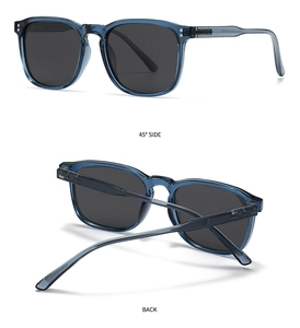 Detail view of round polarize sunglasses with blue frames showing 45-degree and back angles