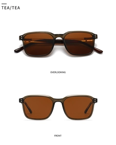 Detailed front and top views of polarized square sunglasses in transparent tea finish
