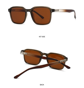 Detailed views showing the 45-degree side and back of translucent grey square sunglasses