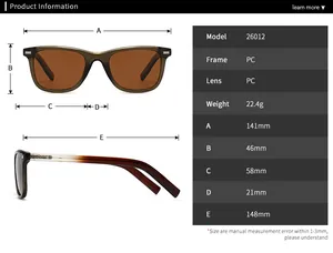 Tableau des tailles détaillé pour lunettes de soleil carrées avec mesures précises