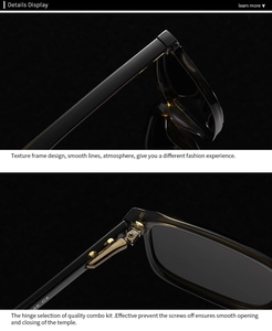 Detail display of square polarized sunglasses with reinforced metal hinges and model 48 C8