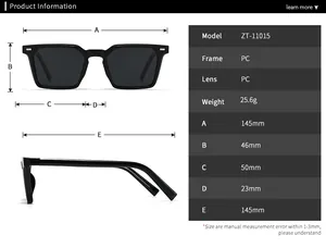 Detailed size chart for square polarized sunglasses with specific frame dimensions