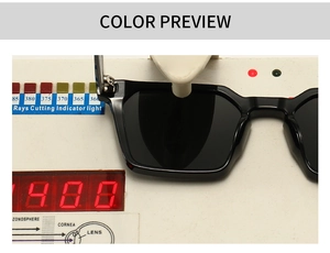 Polarized square frame sunglasses showing UV400 protection test on optical meter