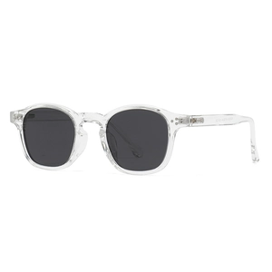 Modern retro oval polarized sunglasses with clear resin frames and dark grey lenses