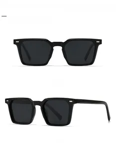 Front and 45-degree side view of black square polarized sunglasses with silver metal accents