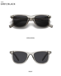 Vues de face et de dessus de lunettes de soleil polarisées avec monture grise et verres noirs