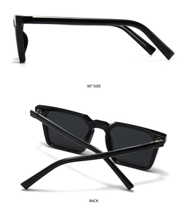 Detailed 90-degree side and back view of black square frame polarized sunglasses