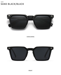 Front and top view of matte sand black polarized sunglasses with square frames