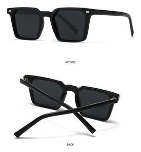 Polarized square black sunglasses with silver decorative pins from side and back views
