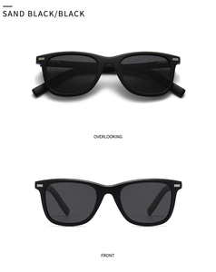 Vues de face et de dessus de lunettes de soleil carrées noir mat avec rivets en métal argenté