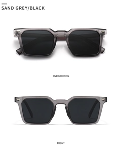 Front and top view of sand grey square polarized sunglasses with black lenses and rivets