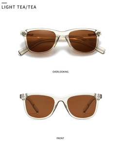 Détails de face et de dessus de lunettes de soleil carrées polarisées couleur thé clair